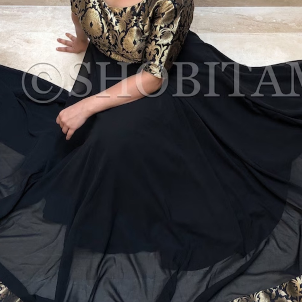 Off the shoulder green anarkali suit with golden duppata and pajami